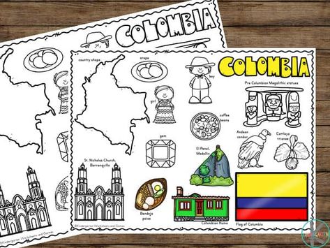 elementary age kids will have fun learning about Columbia for kids as they color these iconic items including flag, country map, arapas, iconic churches, and more Costa Rica Facts, Japan For Kids, Geography For Kids, Continents And Oceans, Lego Challenge, World Thinking Day, Alphabet Coloring Pages, Alphabet Coloring, Future Classroom