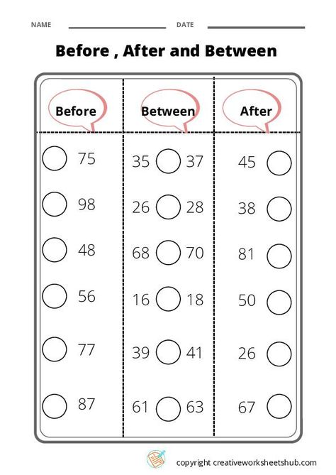 Kindergarten Maths l Before , After, and Between - creativeworksheetshub Maths Worksheet For Senior Kg, Senior Kg Maths Worksheet, Jr Kg Worksheets, After Before Between Worksheet, Kindergarten Syllabus, Math Fact Worksheets, Math Addition Worksheets, Kindergarten Phonics Worksheets, English Worksheets For Kindergarten