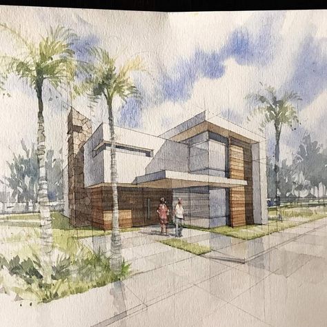 Exterior Perspective Drawing, Villa Perspective, Watercolor Perspective, Interior Perspective, Perspective Architecture, Watercolor Rendering, Architect Sketch, Architecture Drawing Presentation, Architecture Drawing Sketchbooks