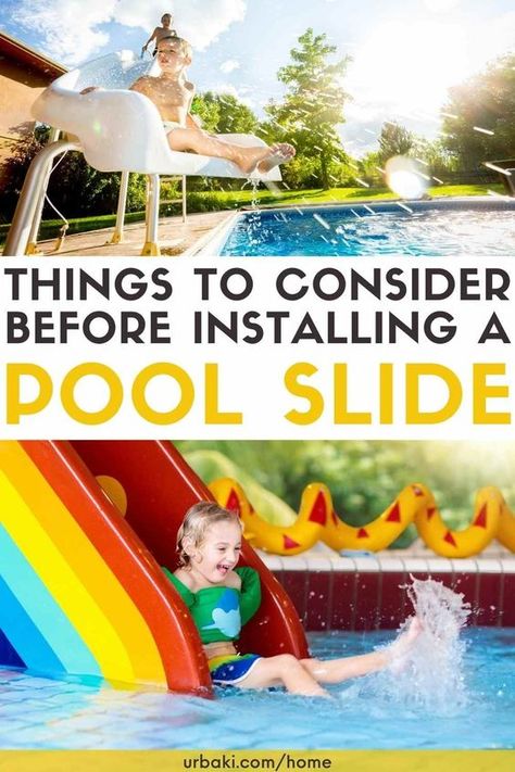 If the kids are going to use your pool, a slide definitely adds to the fun. Whether built independently or expertly in a landscape of waterfalls and faux rocks, a slide can be an open invitation to splashes and slippery good times. But check local building codes and do your research before diving. Size of Pool To start with, what type of pool do you have? Some styles, like infinity, are designed to be a graceful and peaceful body of water. A slide would look out of place. Or, if you have a... Inground Pool Slides, Water Slides Backyard, Deck Seating Area, Pool Water Slide, Sliding Ladder, Semi Inground Pools, Deck Seating, Diving Board, Pool Slide