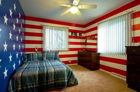 American Flag Bedroom Ideas, Flag Bedroom Ideas, American Flag Room, American Flag Bedroom, Patriotic Room, Patriotic Bedroom, Wall Decorating, Guest Bedroom Decor, Inside Decor