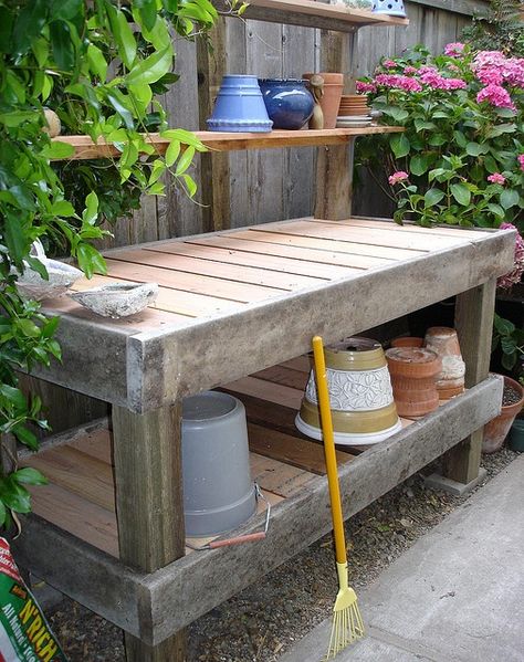 One day I'd love a potting bench like this   one but I would add a sink (non-functional) to it with bin underneath to catch   the dirt. Paver Base, Garden Work Bench, Potting Bench Ideas, Potting Bench Plans, Potting Station, Outdoor Potting Bench, Potting Benches, Potting Tables, Potting Table