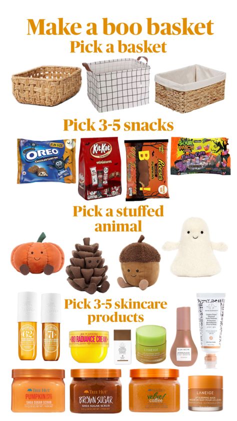 I only added four snacks so dont mind that it says 3-5 😅 Pumpkin Basket Ideas, Trendy Snacks, Bsf Gifts, Bae Baskets, Cozy Baskets, Boo Basket Ideas For Best Friend, Birthday Baskets, Fall Basket, Halloween Sleepover