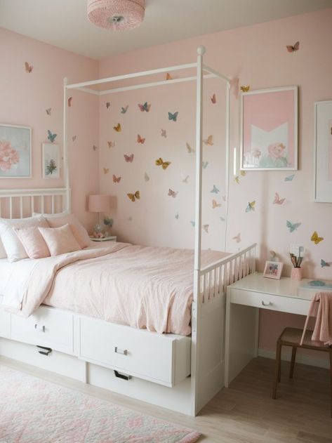 Create a whimsical girls bedroom with an accent wall in a soft pastel color, adorned with removable wall decals of flowers and butterflies. Complete the look with a canopy bed, fluffy pink rugs, and a shelf filled with storybooks and stuffed animals. For a modern and playful touch, design a kids bedroom with an accent wall featuring a colorful geometric pattern. Bedroom Ideas Wall Decor Design, Decorate Living Room Wall, Walls Decoration Ideas, Whimsical Girls Bedroom, Wall Decor Inspiration, Butterfly Bedroom, Decorate Living Room, 3d Wall Decor, Inspirational Wall Decor