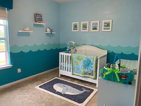 Ocean Accent Wall Nursery, Under The Sea Themed Bedroom, Sea Animal Themed Nursery, Under Water Nursery Theme, Under The Sea Theme Nursery, Undersea Bedroom, Under The Sea Neutral Nursery, Ocean Nursery Mural, Nursery Sea Theme