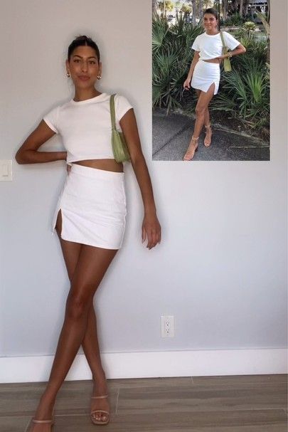 White Mini Skirt Outfit Summer, Beige Mini Skirt Outfit, Nude Heels Outfit, White Mini Skirt Outfit, Linen Skirt Outfit, Street Chic Outfits, Recreating Pinterest Outfits, Basic White Shirt, Mini Skirts Outfits Summer