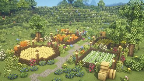 Minecraft Crop Farm Ideas Aesthetic, Minecraft Crops Ideas, Minecraft Crop Farm, Minecraft Farm Ideas Crops, Minecraft Cottagecore, Cottagecore Farm, Minecraft Starter House, Cottagecore Minecraft, Minecraft Houses Survival