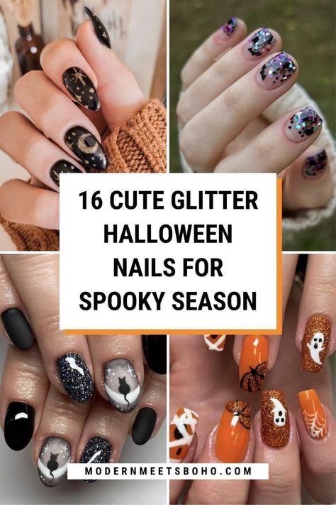 Discover 16 cute glitter Halloween nails that prove sparkle isn't just for spring or summer but for the fall season too! These sparkly Halloween nails blend spooky and glitter, giving you the best of both worlds for a hauntingly stylish season. Whether you like to DIY your own simple manicure or visit a nail tech for a more elaborate look, we’ve got the perfect halloween glitter nails ideas for you. Tap here for the best Halloween themed nails! Glitter Halloween Nails, Spooky Season Nails, Halloween Ombre, Fall Nail Inspiration, Fall Nails 2023, Sparkly Halloween, Hallowen Party, Halloween Nails Diy, Purple Glitter Nails