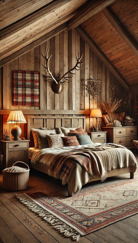 🌟 21 Cute Bedroom Decor Ideas That Will Instantly Transform Your Space! 🛏️✨ Cabin Feature Wall, Chalet Bedroom Ideas, Log Cabin Bedroom Decor, Cabin Bedroom Ideas Rustic, Small Cabin Bedroom Ideas, Hunting Cottage, Mountain Cabin Bedroom, Cabin Interiors Cozy, Cute Bedroom Decor Ideas