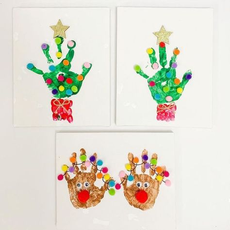 Two to Love - DIY Learning | Sensory | Crafts for Kids on Instagram: "🎄 Festive Hands ✋🏼 🙋🏻‍♀️ Who’s excited for the holidays? Save this post to remember these cute handprint crafts for holiday time!❤️🎄 We did this fun project last year and we used stretched canvases so we can have lovely pieces of handprint keepsakes to hang after. Supplies: 🖼 @dollartree stretched canvases 🎨 Tempera paints 🖌 Paint brush 🎨 @target Painting trays 🌈 Pom-poms 👀 Googly eyes ⭐️ Star sticker 🎀 Yarn ✍️ Bla Sensory Crafts For Kids, Holiday Handprint Crafts, Kids Christmas Painting, Baby Christmas Crafts, Handprint Christmas Tree, Christmas Diy Kids, Handprint Christmas, Sensory Crafts, Holiday Painting