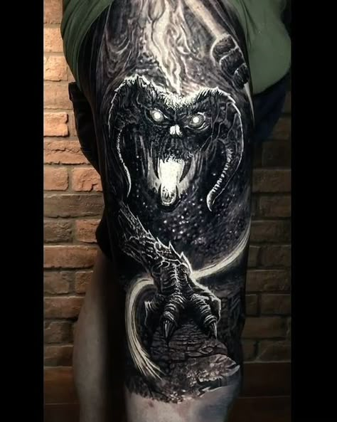 Tattoo Flower Rose, Smaug Tattoo, Half Arm Sleeve, Eliot Kohek, Gandalf Tattoo, Owl Skull, Lotr Tattoo, Lord Of The Rings Tattoo, Nerdy Tattoos