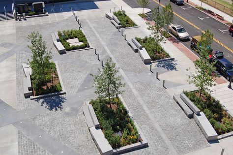 Rain gardens at the Appleton Mills Courtyard, Lowell, MA Paving Texture, Pavement Design, Hotel Landscape, Plaza Design, Paving Pattern, Urban Design Diagram, Landscape Design Drawings, Paving Design, Linear Park