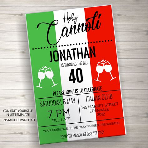 Editable Italian Party Invitation, Holy Cannoli, Retirement Invitation, Italian Dinner Party, Adult Birthday, Any Age, Instant download by LusMiadesigns on Etsy Italian Themed Parties, Holy Cannoli, Italian Dinner Party, Retirement Invitation, Italian Party, Pasta Party, Italian Theme, Retirement Invitations, Italian Dinner