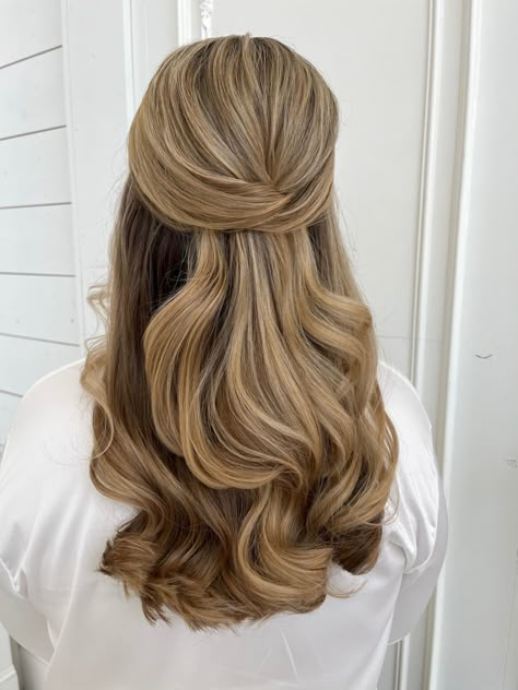 Hair by Tease to Please Hair and Makeup Half Bun Hairstyle, Bridesmaid Hair Inspo, Half Bun Hairstyles, Bridal Hair Half Up, Bridal Hair Down, Half Up Wedding Hair, Half Bun, Wedding Hair Half, Bridal Hair Inspiration