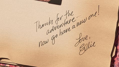 "Thanks for the adventure - now go have a new one! Love, Ellie" The most touching moment from Pixar's "Up" (2009) Disney Pixar Quotes, Up Movie Quotes, Pixar Quotes, Up 2009, Up Pixar, Our Adventure Book, Up Movie, Handlettering Quotes, Yearbook Quotes