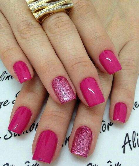 Berry Pink Nails, Dark Pink Nails, Pink Nail Colors, Cute Simple Nails, Glitter Gel Nails, Pink Nail Art, Yellow Nails, Dipped Nails, Silver Nails