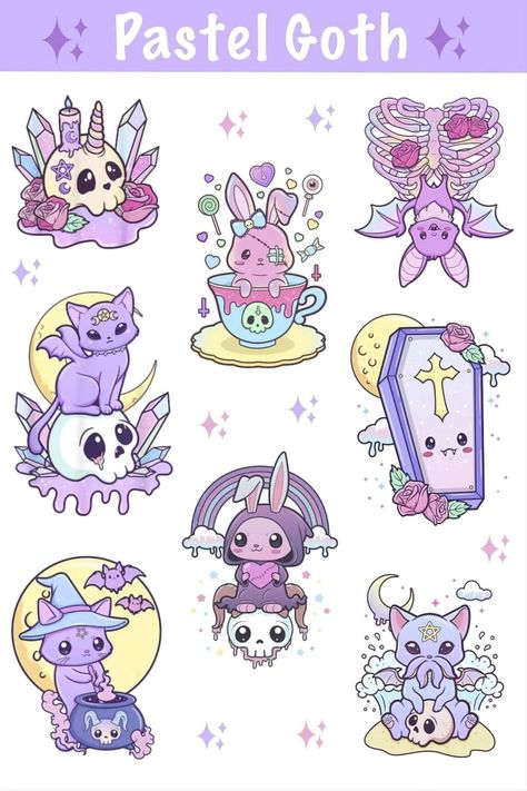 Pastel Goth Coloring Pages, Goth Coloring Pages, Goth Stickers, Helloween Wallpaper, Pastel Goth Aesthetic, Pastel Goth Art, Goth Tattoo, Kawaii Pastel Goth, Kawaii Sticker