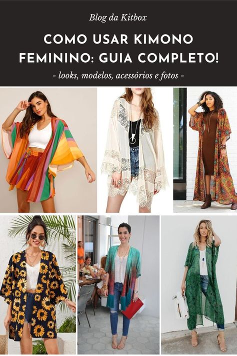 Aprenda tudo sobre como usar kimono feminino com várias fotos de look com kimono combinando todo seu guarda roupa. Confira! Outfit With Kimono, Look Kimono, Kimono Outfits, Kimono Outfit, Outfit Mujer, Kimono Cardigan, Kimono Fashion, Kimonos, Kimono Top