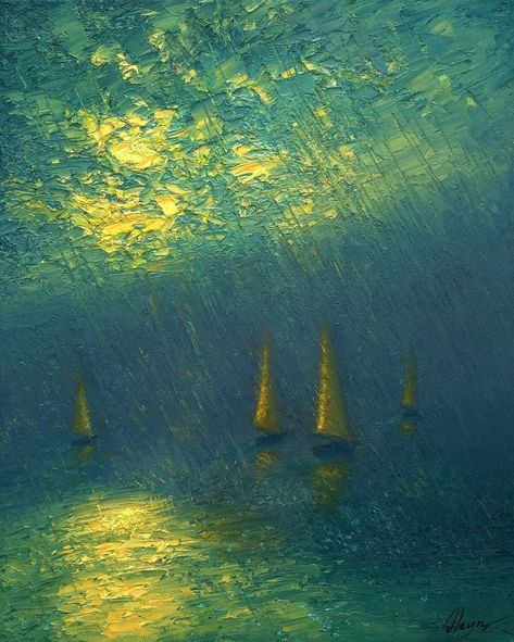 Dmitry Oleyn, Rainy River, Home Office Art, River Painting, Sailing Boats, Coastal Wall Decor, Seascape Art, Sea Painting, Art Texture