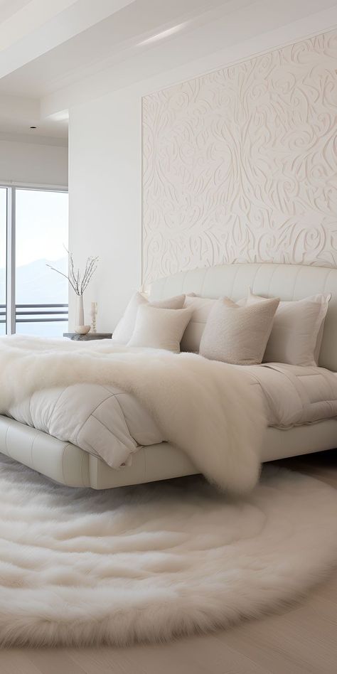 White Luxe Bedroom, Modern White Bedroom Ideas Interior Design, Bedroom White Floor, White Fluffy Bed, White Simple Bedroom, All White Bedroom Ideas, White Master Bedrooms Decor, Small White Bedroom Ideas, Pure White Bedroom