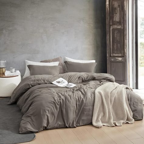 Natural Loft® Oversized Comforter - Dark Brown - Bed Bath & Beyond - 38110164 Bedding Sheets Ideas, Gray Fabric Bed, Modern Bedroom Design For Men, Black Bedding Ideas, Bedroom Design For Men, Grey Comforter Bedroom, Men Bedroom Design, Bedroom Decor Brown, Oversized King Comforter