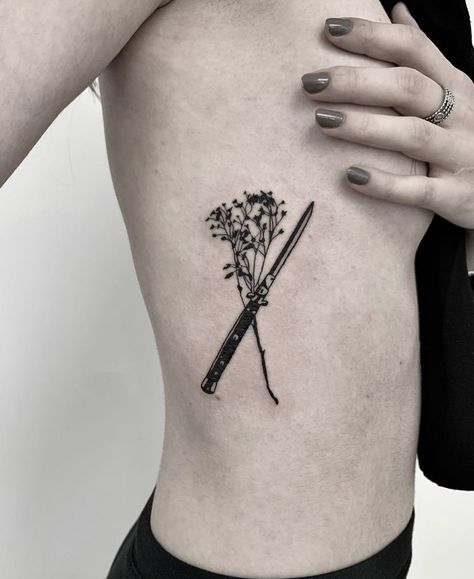 Cr: ig: nokto.ttt Knife And Flower Tattoo, Flower Tattoo, Tattoos, Flowers