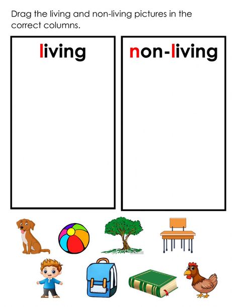 Living and Non-living - Interactive worksheet Living Things Worksheet Kindergarten, Non Living Things, Living And Nonliving Things, Living And Nonliving, Worksheets For Class 1, Science Activities For Kids, Kindergarten Science, English Lessons For Kids, Science Worksheets