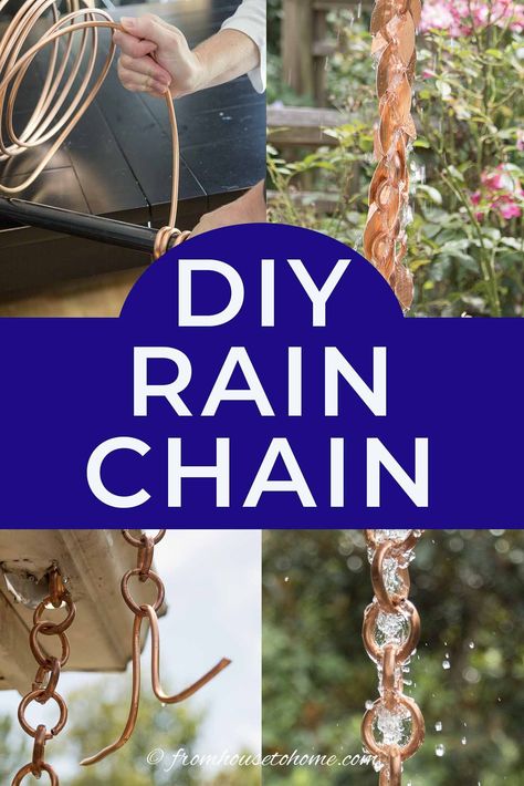 This awesome DIY rain chain tutorial shows you step-by-step how to make a copper rain that you can hang from the gutter on your house to replace the downspout. It is simple to make and looks so beautiful. #fromhousetohome #gardenideas #gardeningtips #diyprojects #gardenart #rainchains Make A Rain Chain, How To Make A Rain Chain, Rain Chain Installation, Rain Chain Diy, Copper Rain Chain, Rain Chain Garden, Chain Tutorial, Copper Rain Chains, Rain Chains