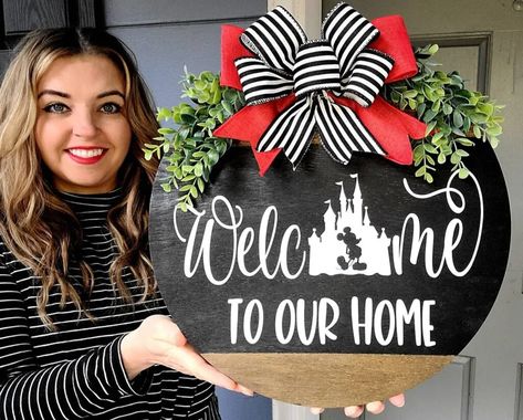 Mickey Silhouette, Vinyl Doors, Wood Wreath, Mickey Balloons, Disney Etsy, Farmhouse Style Sign, Welcome To Our Home, Disney Decor, Disney Castle