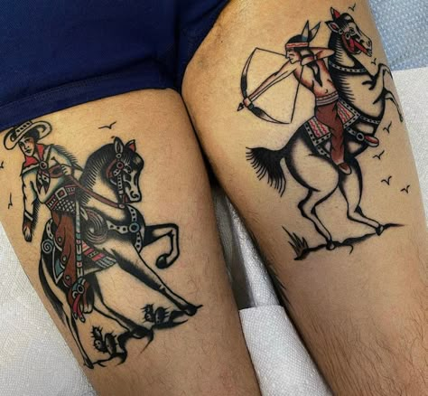 Indian Leg Tattoo, Cowboy And Indian, Native American Tattoo Designs, Traditional Tattoo Drawings, Traditional Tattoo Flash Art, Cowgirl Tattoos, Cowboy Tattoos, Traditional Tattoo Inspiration, Small Chest Tattoos