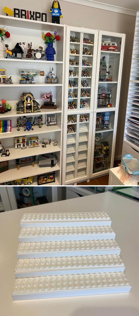 Lego Regal, Lego Shelves, Lego Shelf, Lego Room Ideas, Lego Display Ideas, Lego Storage Organization, Lego Minifigure Display, Billy Ikea, Lego Bedroom