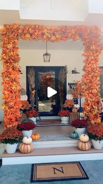 Pvc Archway, Diy Fall Garland, Porch Garland, Orange String Lights, Large Entryway, How To Make Garland, Fallen Arches, Dollar Tree Pumpkins, Porch Pumpkins