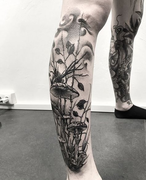 @_duchy_ #blacktattoo #blackart #tatuaz #tatuaż #tattoo #foresttattoo #forest #mushrooms #ink #creature #wawa #warszawa #warsaw… Mushroom Arm Tattoo Sleeve, Floral Forest Tattoo, Creepy Garden Tattoo, Mushroom Sleeve Tattoo, Fungi Tattoos, Mushroom Forest Tattoo, Dark Nature Tattoo, Nature Themed Sleeve Tattoo, Forest Floor Tattoo