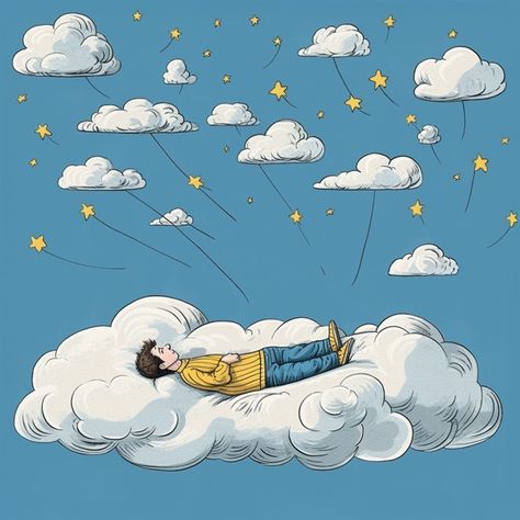 Day Dream Illustration, Dreamer Illustration, Dreaming Illustration, Heaven Illustration, Illustration Clouds, Dreams Illustration, Man Falling, Sleeping Drawing, Blue Sky With Clouds