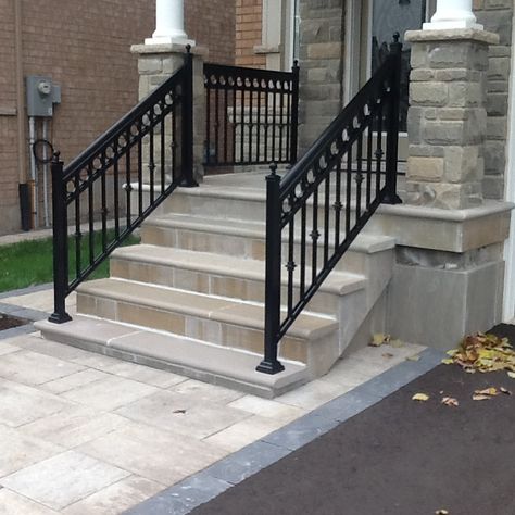 Exterior Stair Railing, Front Porch Stone, Aluminum Railings, Small Backyard Decks, Porch Railing Designs, Deck Stair Railing, Wrought Iron Railings, Front Porch Railings, Front Door Steps