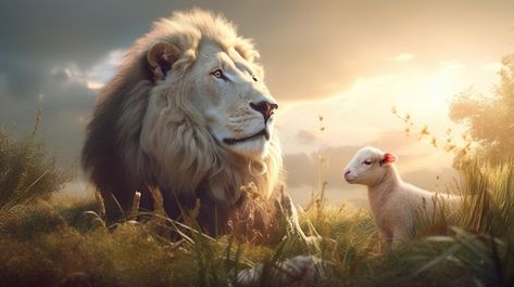 Un león y una oveja en un campo. | Premium Photo #Freepik #photo #ilustracion-animales #animales-safari #animales #ilustraciones Animal Caricature, Good Shepherd, Mario Bros, Premium Photo, Sheep, Bible, Animals, Quick Saves, Beauty