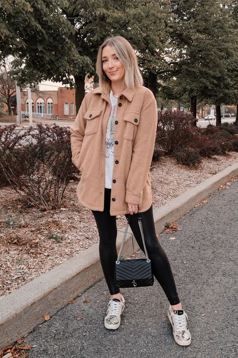 How to style a shacket - pair with graphic tee and Spanx faux leather leggings. Click through to shop! | Shacket outfits, tan shacket, beige shacket, black leggings outfit, how to wear a shacket, fall 2021 outfits, 2021 fall fashion trends #shacketoutfits #falloutfits2021 Fall Shacket Outfit, Style A Shacket, Shacket Outfits, Beige Shacket, Shacket Outfit Women, Shacket Outfit, Leather Leggings Outfit, Style Inspiration Casual, Beige Outfit