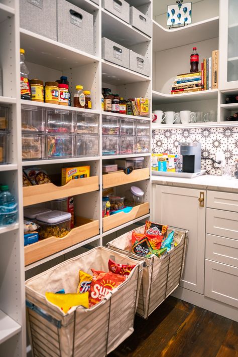 A pantry fit for the chef in you life 👨‍🍳👩‍🍳⁠ ⁠ Look at this stunning pantry we did for one our clients that surely stores all you need for you and your family!⁠ ⁠ Here are some features of the space:⁠ • Wine and Bottle Storage 🍾⁠ • Acrylic Snack Drawers 🍫⁠ • Pull Out Drawers and Baskets 🥫⁠ • Extra Shelves for Pots and Pans 🍳⁠ ⁠ Start your project today! Pantry With Drawers, Pantry Baskets, Pantry Drawers, Drawers Design, Pan Storage, Custom Pantry, Pantry Shelving, Dining Room Remodel, Kitchen Pantry Cabinets