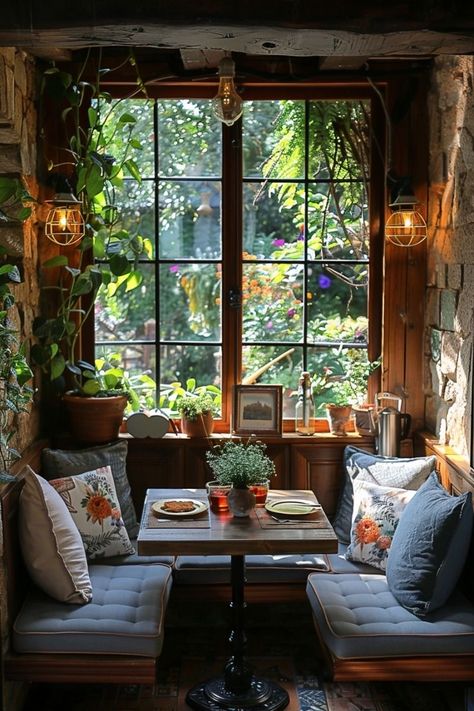 Magic Bookshelf, Garden Breakfast, Breakfast Nook Ideas, Cozy Breakfast Nook, Nook Ideas, Morning Room, Cozy Cafe, Statement Lighting, Cabins And Cottages