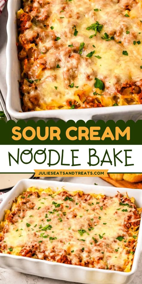 Here's a quick and easy meal for tonight! This Sour Cream Noodle Bake recipe starts with tender egg noodles covered with sour cream, cheesy sauce, and a tomato meat sauce, then topped with more cheese. Serve this hearty comfort food that's perfect for a busy weeknight dinner! Spaghetti With Egg Noodles, Sour Cream Noodle Bake, Crock Pot Pizza, Noodle Bake, Egg Noodle Recipes, Best Casseroles, Baked Casserole, Ground Beef Casserole, Cheesy Sauce