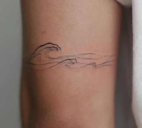 Feminine Arm Wrap Tattoo, Make Waves Tattoo, Minimal Waves Tattoo, Ocean Tattoos Black And White, Wrap Around Wave Tattoo, Waves Of Life Tattoo, Abstract Sea Tattoo, Wave Tattoo On Arm, Ocean Arm Band Tattoo