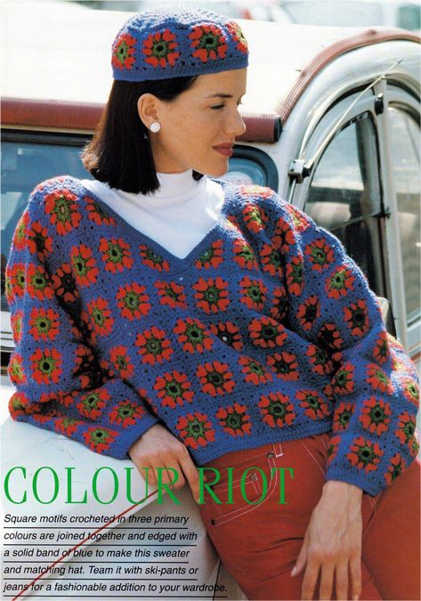 Granny Squares Sweater, Square Sweater, Granny Square Sweater, Vintage Crochet Patterns, Crochet Jumper, Ladies Sweater, Womens Crochet Patterns, Diy Vetement, Stil Boho