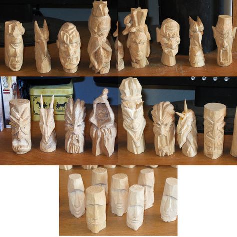 whittle chess pieces | Wooden Chess Pieces by ~Tahirbrown on deviantART Whittling Chess Pieces, Carved Chess Pieces, Norse Mythology Tattoo, Easter Island Heads, Box Pictures, Wooden Chess Pieces, Face Carving, Wood Chess, Mythology Tattoos