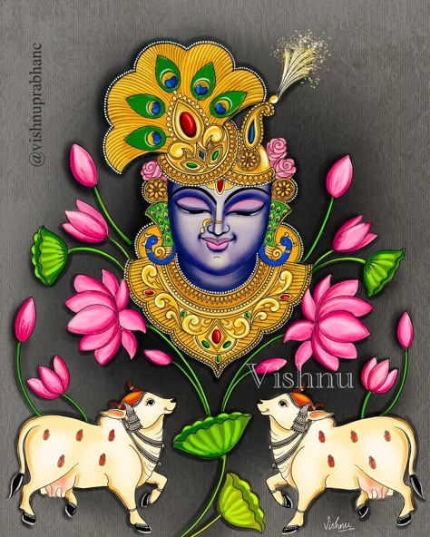 Pichwai Painted Sarees, Pichwai Art Paintings Krishna, Shrinathji Paintings On Canvas, Shreenathji Pichwai Painting, Shrinathji Drawing, Shreenathji Drawing, Pichwai Drawing, Pichwai Paintings Krishna, Srinathji Painting