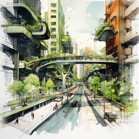 Urban Design Aesthetic, New Urbanism Architecture, Green Urban Aesthetic, Green Spaces In Cities, Urban City Sketch, Sustainable City Drawing, Sustainable Urban Planning, Eco City Design, Future Cities Drawing