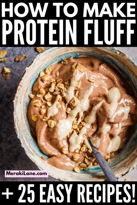 Meals To Make With Protein Powder, Healthy Protein Sweet Treats, Healthy Dessert Fluff, Nice Cream High Protein, Iifym Dessert Recipes, Bariatric Fluff, Psmf Dessert Recipes, Easy High Protein Sweet Snacks, Protein Fluff No Xanthan