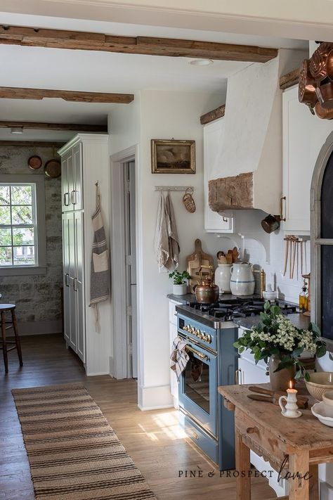 English Cottage Cabinets, New England Cottage Kitchen, English Cottage Style Kitchen, Beams Kitchen, English Farmhouse Kitchen, Kitchen Beams, Shelves Styling, Cottage Kitchen Renovation, Pine And Prospect Home