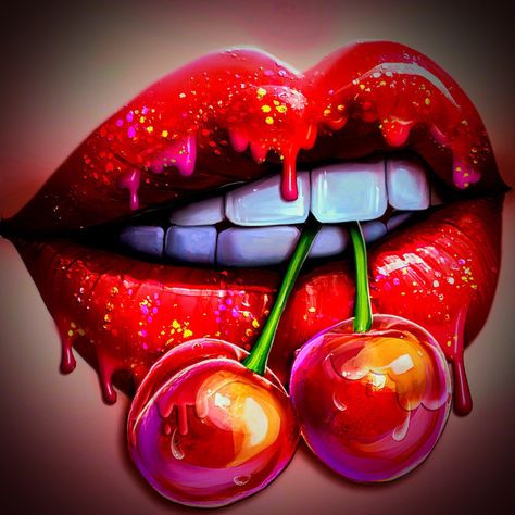 A mouth chewing on cherries with dripping red glossy lipstick on the lips. Images Pop Art, Pop Art Lips, Lips Art Print, Lip Art Makeup, Dripping Lips, Lip Wallpaper, Wall Decor Crafts, Lipstick Art, Pop Art Wallpaper