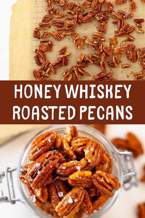 With this recipe, pecans never tasted better! These honey whiskey roasted pecans are salty and sweet - the perfect snack to put out for a party, or just to get you through the afternoon! Roasted Pecans Recipe, Honey Roasted Pecans, Cinnamon Roasted Almonds, Honey Whiskey, Healthy Nutrition Plan, Sugar Free Diet, Roasted Pecans, Nut Recipes, Roasted Nuts