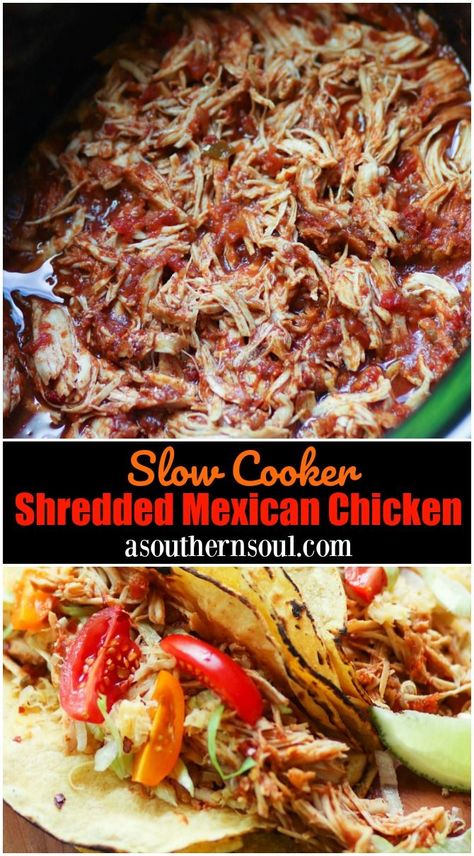 Shredded chicken cooked low and slow in the crock pot, flavored with taco seasoning and salsa is great for tacos, nachos, burrito bowls and salads. This easy to make, versatile recipe will quickly become your go-to when it’s time to serve up your favorite Mexican dishes! #mexicanchicken #shreddedchicken #crockpotchicken #easyrecipe #slowcookerchicken #mexicanfood #tacobar #chickentacos #tacotuesday Shredded Mexican Chicken, Corned Beef Reuben, Slow Cooker Corned Beef, Traditional Mexican Food, Mexican Chicken Recipes, Burrito Bowls, Mexican Chicken, Southern Food, Fire Roasted Tomatoes